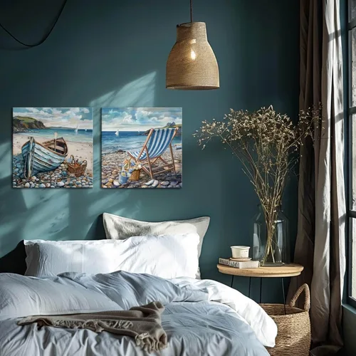 Miniatura 3 de Decoración de baño, arte de pared de playa, tema oceánico, imagen azul, impresión en lienzo, obra de arte costera moderna, enmarcada para colgar