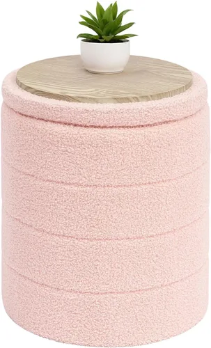 Miniatura 12 de B FSOBEIIALEO Otomana con Almacenamiento, Taburete Otomano de Almacenamiento Redondo Sherpa, Reposapiés Boucle 14.6"x14.6"x17.7" (Beige)