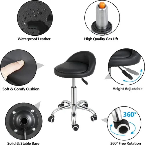 Miniatura 5 de HomGarden Silla con ruedas para salón de masaje médico, cocina, spa, redacción, oficina, cocina, silla de dibujo, taburete con cojín de respaldo