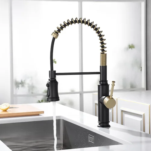 Miniatura 3 de Sumerain Grifo de fregadero de cocina con rociador de resorte extraíble con boquilla giratoria de 360° y mango de un solo nivel, negro y dorado