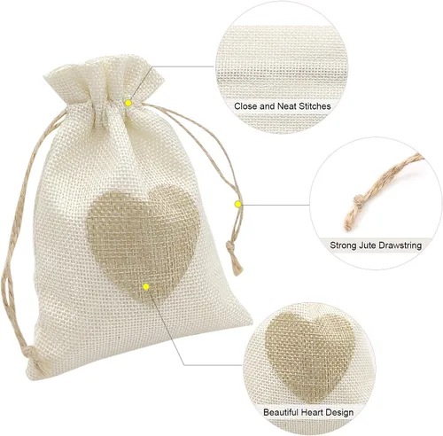 Miniatura 3 de SumDirect Bolsas de arpillera de corazón con cordón – 36 bolsas pequeñas de lino beige de 4 x 6 pulgadas para regalo de boda, baby shower