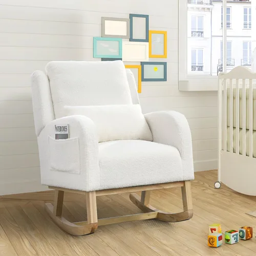 JEEOHEY Mecedora para guardería, mecedora tapizada con respaldo alado, mecedora con respaldo alto cómodo, reposabrazos curvado, almohada lumbar para