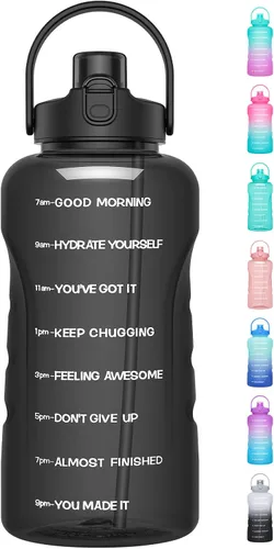 Miniatura 9 de Botella de agua de un galón con popote, 128 onzas (3.8 L), libre de BPA - Innovadora botella deportiva con tapa 2 en 1 con recordatorios Jacaranda