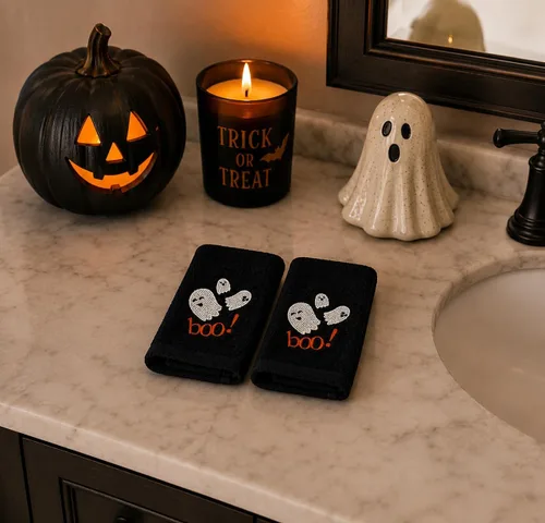 Miniatura 25 de Serafina Home Juego de 2 toallas de baño de Halloween – Juego de 2 toallas de algodón negro – 18 x 11 pulgadas bordado de murciélago en diseño