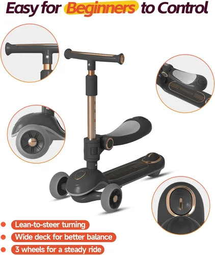 Miniatura 4 de 2-in-1 Toddler Scooter with Seat, First Scooter for Kids Ages 2–5, Sit-to-Stand Training Scooter, 3 Wheel Lean-to-Steer, Adjustable Handlebars