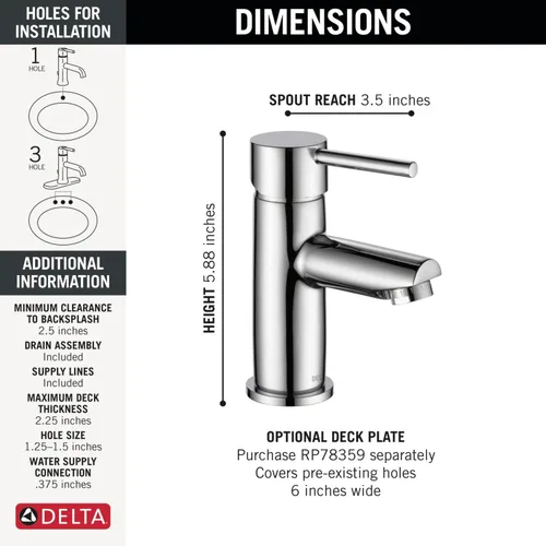 Miniatura 9 de Delta Grifo de baño moderno de un solo orificio de níquel cepillado, grifo de baño de una sola manija, montaje de drenaje, inoxidable 559LF-SSPP