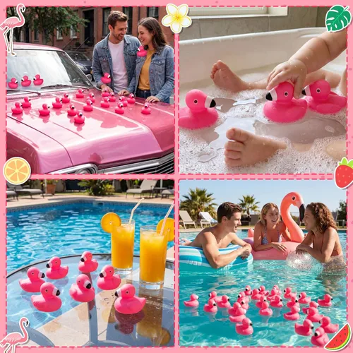 Miniatura 5 de Honoson 24 patos de goma flamencos a granel flamencos rosados recuerdos de fiesta juguete de baño piscina flotante chirriante patos de goma