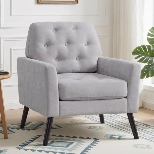 Miniatura 11 de Silla decorativa para sala de estar, silla de lectura moderna de mediados de siglo, sillón tapizado con respaldo copetudo y patas de madera, sofá