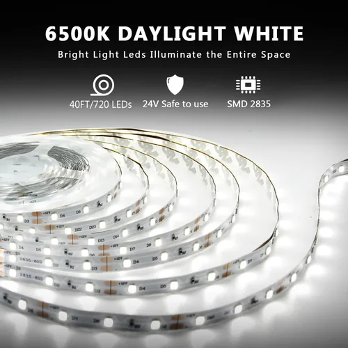 Miniatura 2 de dalattin Tira de luces LED blancas, tira de luz LED regulable de 40 pies, 6500 K, luz blanca brillante de 24 V, 720 LED 2835 cinta de luces