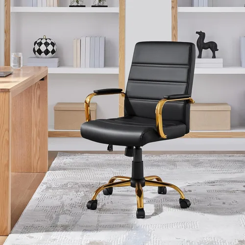 Miniatura 4 de Yaheetech Silla de Oficina de Respaldo Medio de Cuero PU Silla de Escritorio Ejecutiva Ajustable con Soporte Lumbar Patas Doradas Asiento Negro
