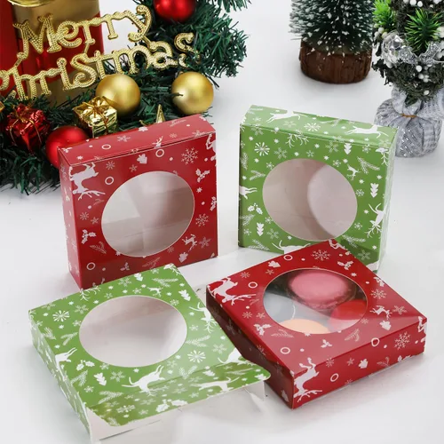 Miniatura 5 de 60 cajas de galletas de Navidad de 4.3 x 4.3 x 1.2 pulgadas, cajas de panadería de Navidad con ventana redonda transparente para panadería