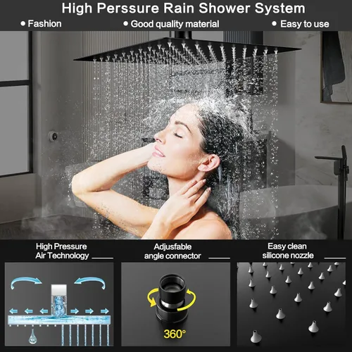 Miniatura 5 de Sistema de ducha de lluvia, juego de grifo de ducha de 12 pulgadas con boquilla de bañera, juego de grifos de ducha de cascada montado en la pared