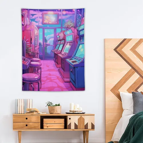 Miniatura 4 de josnmre Tapiz grande de anime de los años 80 con efecto retrowave neón Synthwave para colgar en la pared, decoración de dormitorio, sala de estar