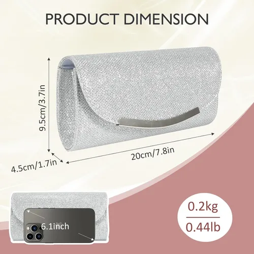 Miniatura 2 de Ubysoyi Bolso de mano con purpurina para mujer, bolso de noche, bolso de mano, de metal brillante, sobre formal, boda, baile de graduación, bolso