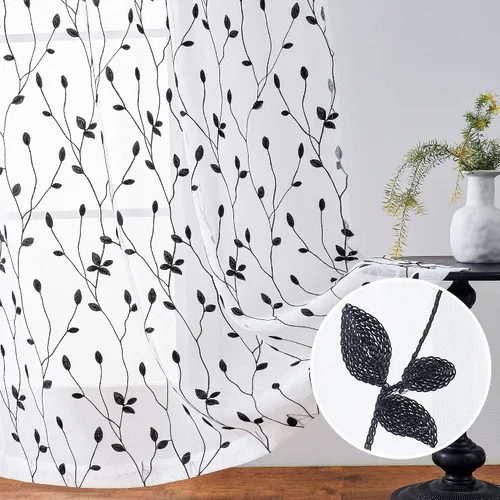 WUBODTI Cortinas traslúcidas bordadas de color negro gótico de 63 pulgadas de largo para dormitorio, cocina, bolsillo para barra, hojas de vid y