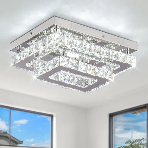 Finktonglan Lámpara LED de techo empotrada de cristal, LED integrado de 24 W, luz blanca fría de 6500 K luz de día, cristal K9 rectangular y acero