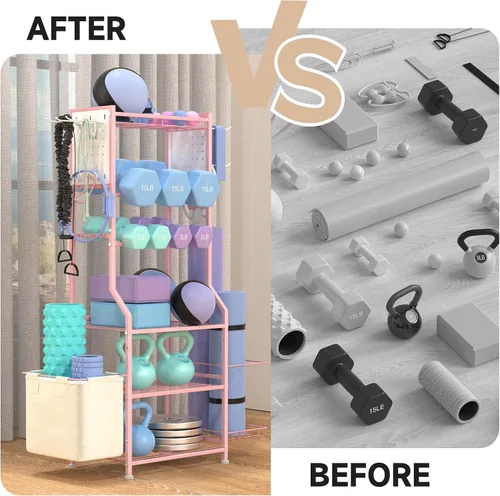 Miniatura 8 de Estante para mancuernas, almacenamiento de gimnasio en casa para pesas rusas, esterilla de yoga y equipo de entrenamiento de fuerza, estante de Rosa