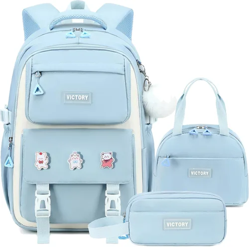 Miniatura 10 de AO ALI VICTORY Mochila para mujeres y niñas, conjunto con estuche para lápices de 15.6 pulgadas, mochila escolar para computadora portátil, mochila