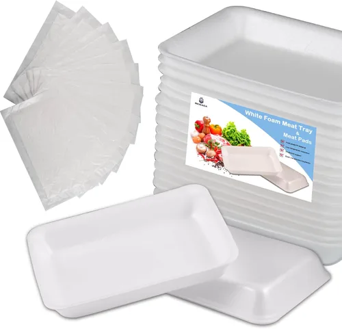 Miniatura 10 de Bandeja de espuma blanca para carne (25 unidades, 8.3 x 5.9 x 1.2 pulgadas) con almohadilla absorbente de carne blanca, bandeja desechable estándar