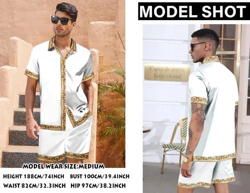 Miniatura 2 de Conjunto de camisa hawaiana y pantalón corto para hombre, conjunto de 2 piezas, estampado de lujo, casual, con botones, manga corta, camisa de satén