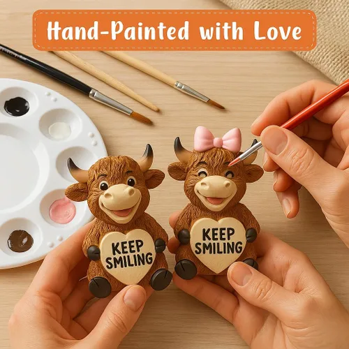 Miniatura 2 de iStatue Paquete de 2 figuras de resina de vaca Highland de 3.6 pulgadas – Lindo regalo Sigue Sonriendo para Navidad, día de San Valentín