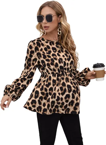 Miniatura 3 de MakeMeChic Camisas de maternidad para mujer, blusa peplum de manga larga con estampado de leopardo
