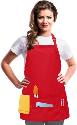 Delantales para mujeres y hombres con 7 bolsillos, bolsillo con cremallera, cierre de hebilla, servidor, camarera, estilista, delantal corto Rojo
