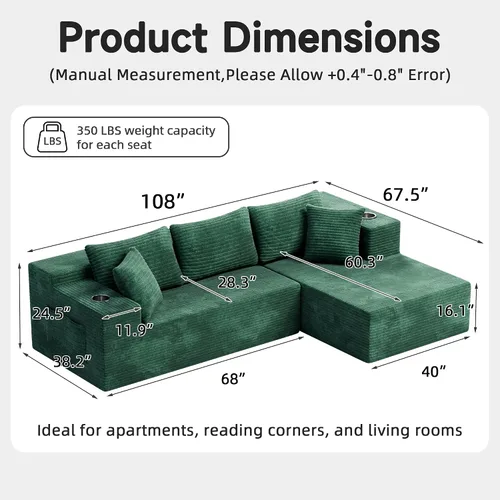 Miniatura 3 de Bashaw Sofá modular de 108 pulgadas con diván, sofá sin hueso en forma de L, asiento profundo, tapizado, sin hueso, para sala de estar