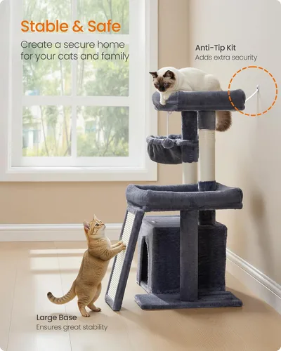 Miniatura 7 de Feandrea Árbol para gatos, torre para gatos con postes rascadores y rampa, 2 perchas grandes, cueva, canasta, 33.8 pulgadas de alto, gris oscuro
