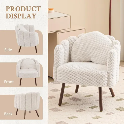 Miniatura 3 de Furniliving Silla de tocador beige, silla de terciopelo para sala de estar, sillas de concha con patas de madera, silla de maquillaje