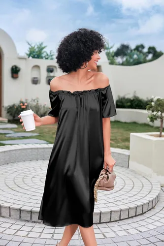 Miniatura 5 de Ekouaer Camisón plisado de seda satinada para mujer, ropa de dormir suelta, camisón estampado de manga corta