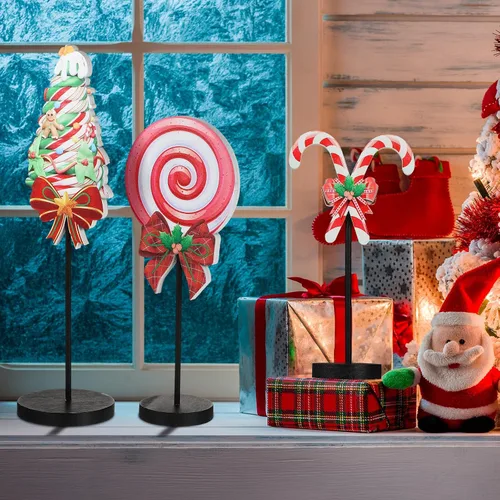 Miniatura 6 de Geetery 3 piezas de decoración de mesa de dulces de Navidad rojo y verde, centros de mesa de Navidad, letreros de madera, decoración de mesa