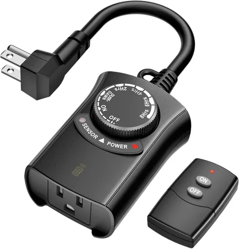 HBN - Temporizador de luz exterior con control remoto, temporizador de sensor de luz impermeable, alcance inalámbrico de 100 pies, 1 toma de tierra