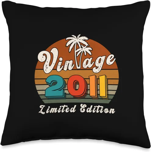 Vintage 2011 Birthday Gift for Men Women 15 Years Retro Palm Throw Pillow