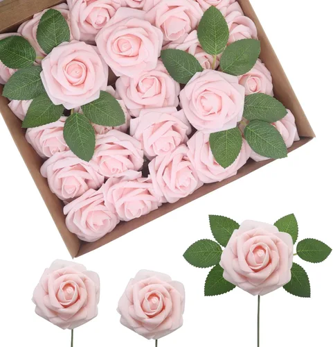50 rosas artificiales realistas con tallo para ramos de boda, centros de mesa, despedidas de soltera, fiestas y decoración romántica (rosa claro)