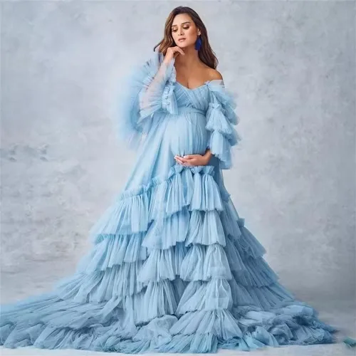 Miniatura 2 de Toreque Vestido de maternidad de tul para sesión de fotos, mangas hinchadas, batas largas de embarazo para baby shower