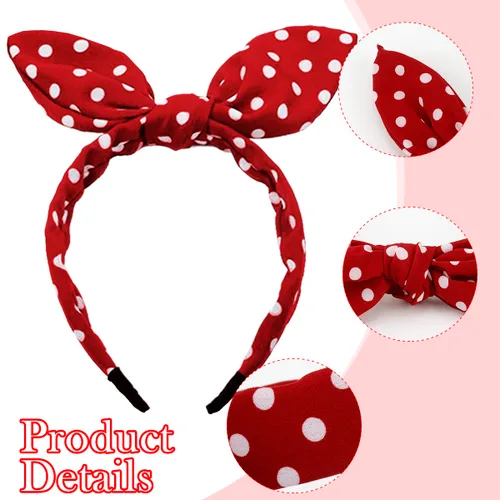 Miniatura 4 de TOBATOBA Diademas de lazo para mujeres y niñas, paquete de 2 diademas de lunares, lindas orejas de conejo, accesorios para el cabello, rojo y negro