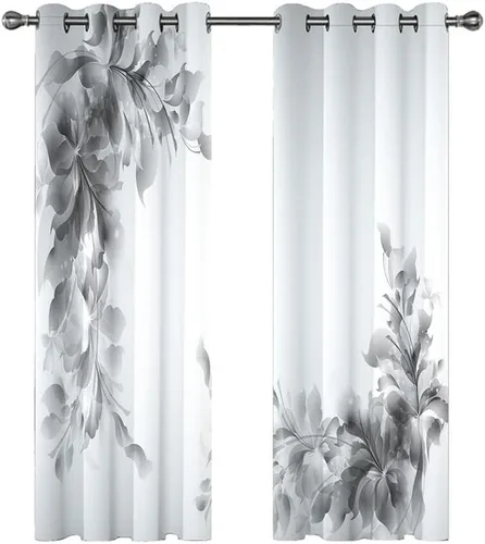 Miniatura 4 de Cortinas de ventana, diseño de hojas 3D, juego de cortinas con ojales, cortinas de oscurecimiento con ojales, cortinas de ventana gris y blanco