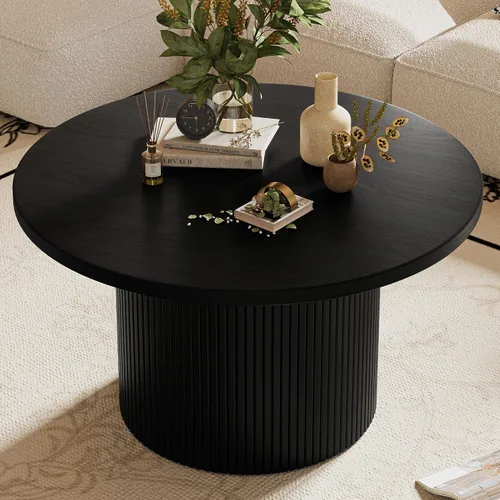 Miniatura 5 de MAISONARIA - Mesa de café redonda negra con marco de metal, mesas de café de 35" para sala de estar, mesa de centro de madera circular con acento