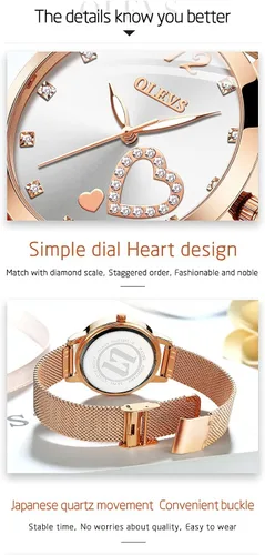 Miniatura 5 de OLEVS Relojes de oro rosa para mujer movimiento de cuarzo japonés con diamantes de corazón para niñas reloj de pulsera con correa de malla