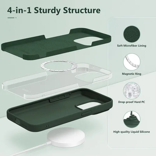 Miniatura 3 de GONEZ Funda de Silicona para iPhone 15 Pro Max, Compatible con Magsafe, Protector de Cámara + Protector de Pantalla, Forro de Microfibra Suave Verde