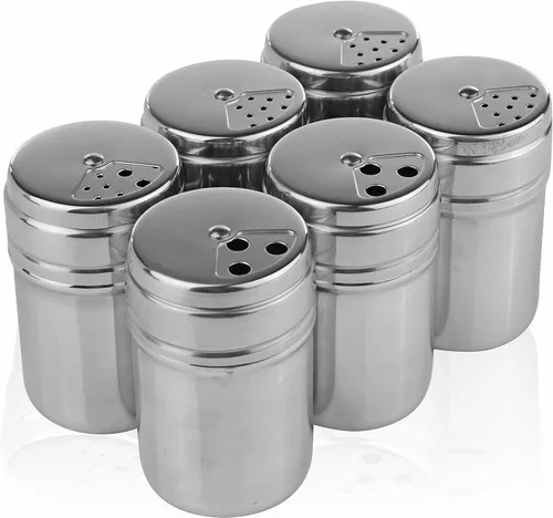 Miniatura 5 de Despachador de condimentos de acero inoxidable portable, juego de 6 unidades con tapas rotativas y bolsa de viaje, salero y pimientero, despachador