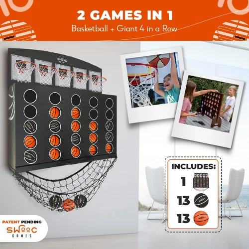 Miniatura 5 de SWOOC Games - Low Post Lineup™ Baloncesto Gigante Montado en la Pared 4 en Fila con Más de 5 Juegos Aro de Baloncesto para Juegos de Pared