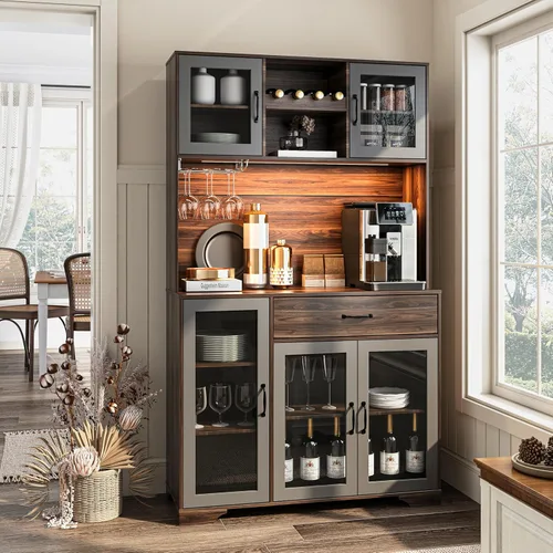 Fatmok - Armario de despensa de 71 pulgadas, gabinete de almacenamiento para barra de café con estación de carga y luces LED, alacena alta de cocina