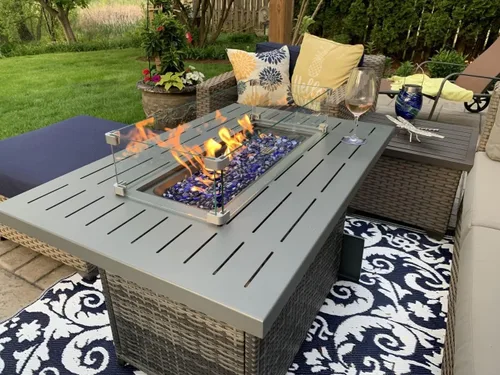 Mesa de Fogata de Propano, 44 Pulgadas 55000 BTU Fogata de Gas Exterior Rectangular con Protector de Viento de Vidrio para Patio Exterior (Tapa de
