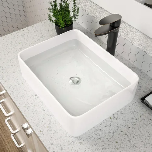 Miniatura 2 de Lavabo Rectangular, Dcolora 19" x 15" Lavabo de Baño de Cerámica Blanca de Porcelana Rectangular Lavabo de Baño Sobre Mostrador Lavamanos de Tocador