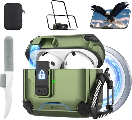 Maxjoy Funda protectora para AirPods 4 2024, funda protectora para AirPods de 4ª generación con bloqueo automático, compatible con MagSafe, Verde
