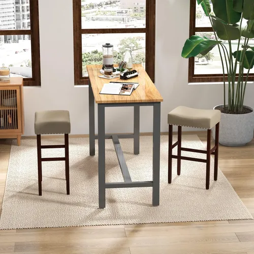 Miniatura 4 de COSTWAY Juego de 2 taburetes de madera sin respaldo de 29.5 pulgadas con borde de cabeza de clavo, marco de madera de goma, reposapiés, carga máxima