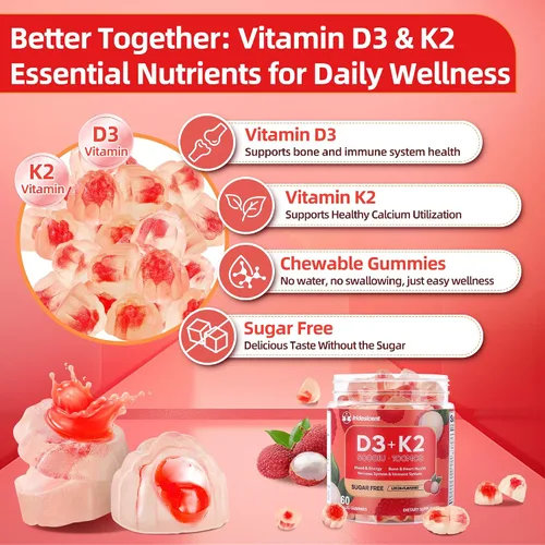 Miniatura 4 de Gomitas de vitamina D3 K2 con magnesio sin azúcar, 60 unidades Vitamina D3 5,000 UI + K2 (MK-7) 100 mcg - Suplemento de vitamina K2 D3 vegano