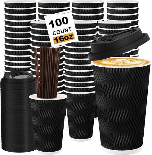 Paquete de 100 tazas de café desechables de pared ondulada corrugada de 16 onzas con tapas y pajitas, tazas aisladas resistentes para bebidas